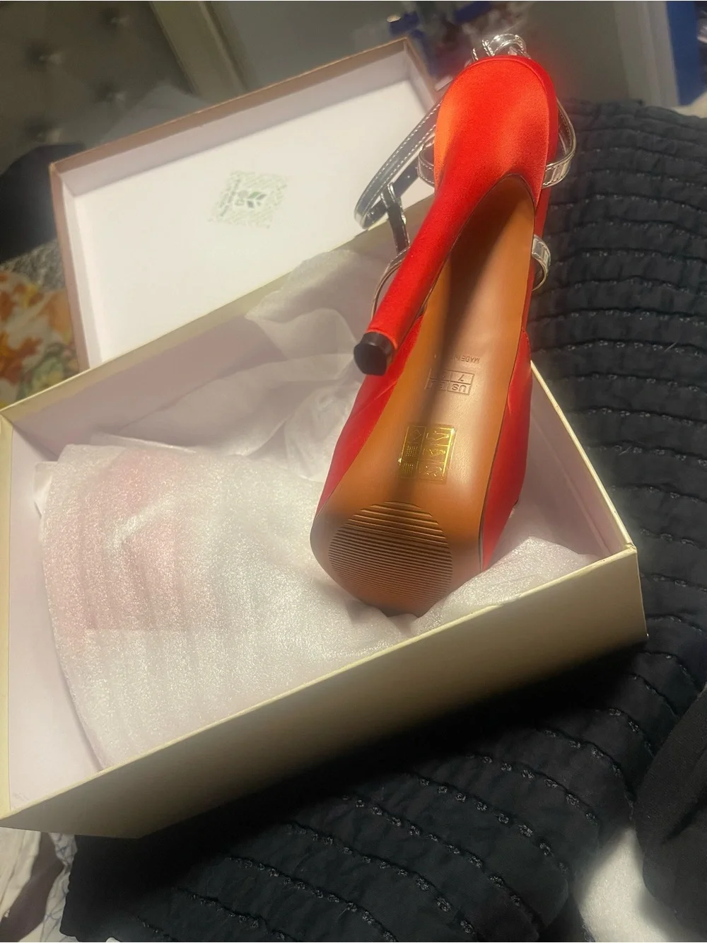 Red Satin Platform Stiletto Sandal with Silver Straps
